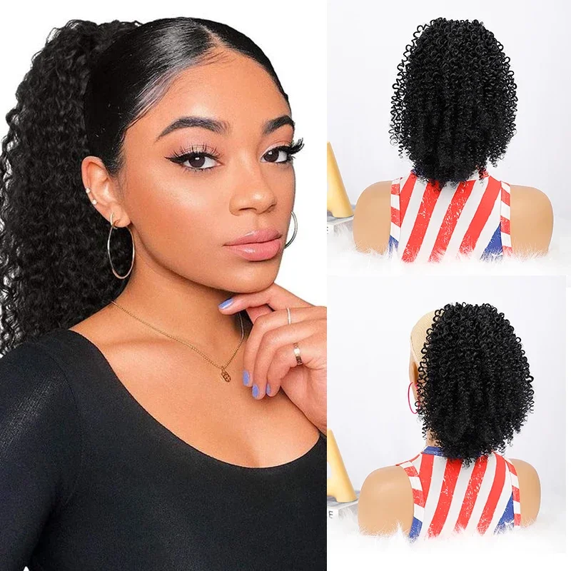 Short Kinky Curly Ponytail Hair Extensions Synthetic Fluffy Afro Curly Drawstring Ponytail Hairpiece Natural Fake Hair Pony Tail