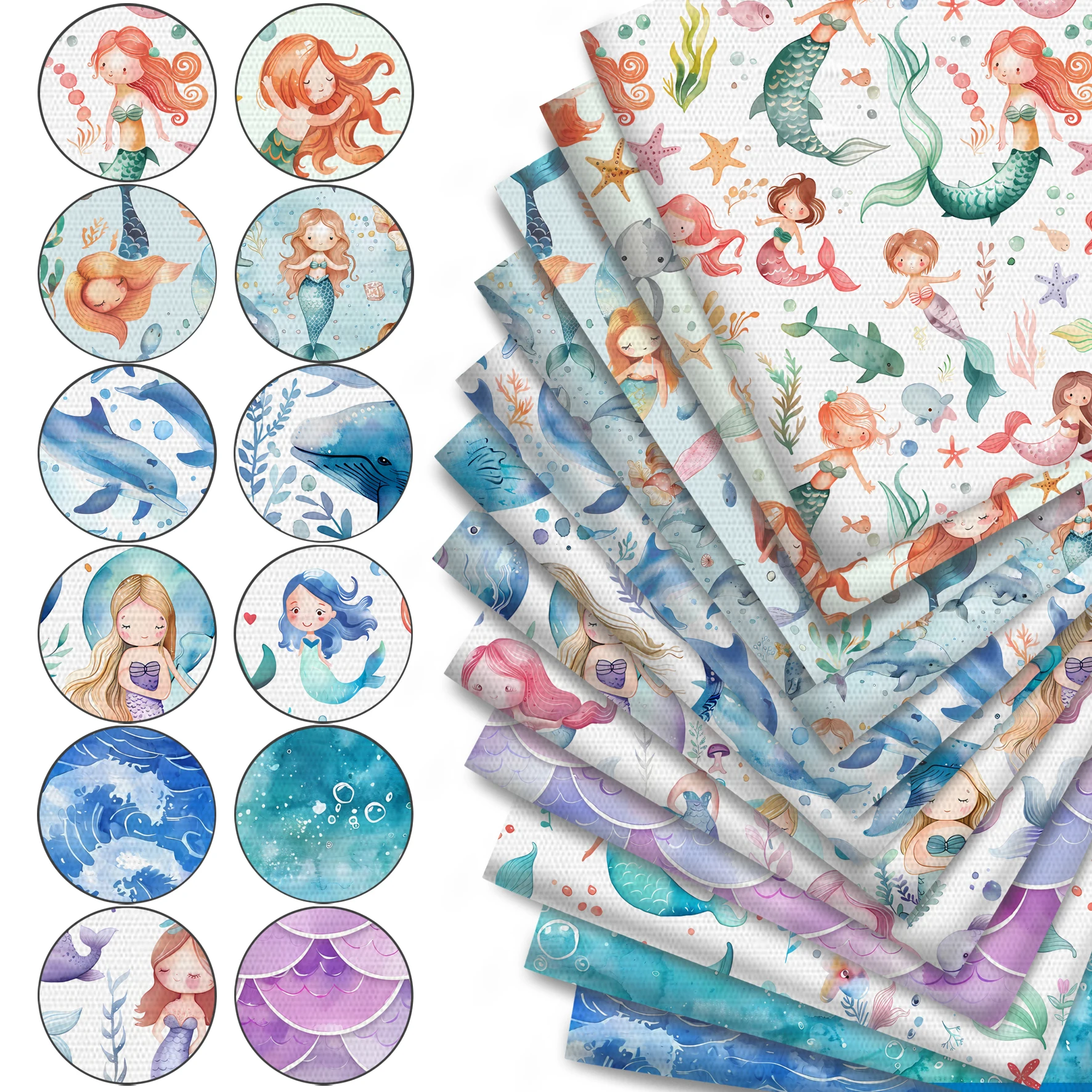 Pre-cut [Mermaid Fabric Bundles] 12 Total Design Styles of Fabric Bundles, Polyester Patchwork Suitable