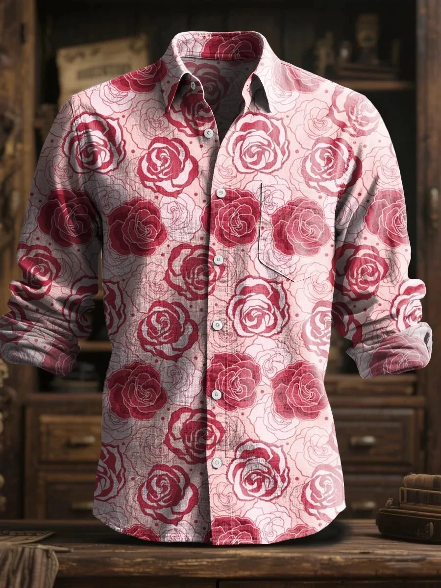 

New vintage floral pattern rose blouse, trendy streetwear 3D printed collar shirt, comfortable fabric, fast shipping