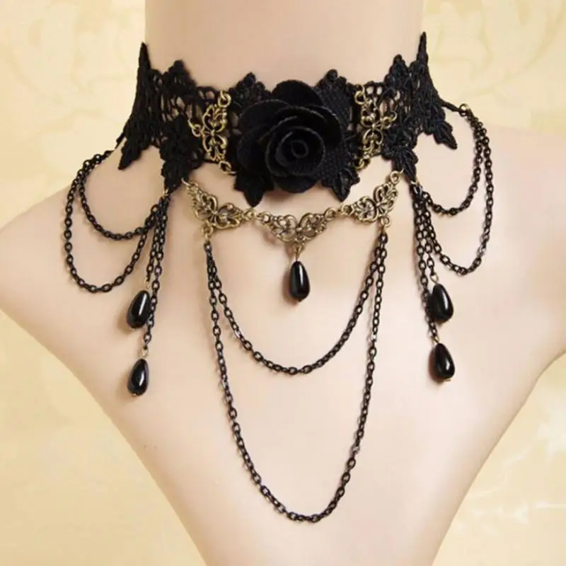 Vintage Gothic Black Lace Rhinestone Pendant Necklace For Women Ladies Elegant Sexy Choker Wedding Party Jewelry Y2K