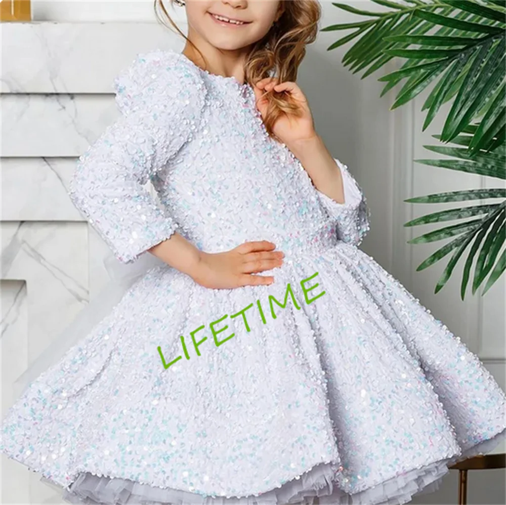 Vestido de lentejuelas brillantes para niña, Vestido de manga completa con lazo hinchado, tela ostentosa, primera comunión