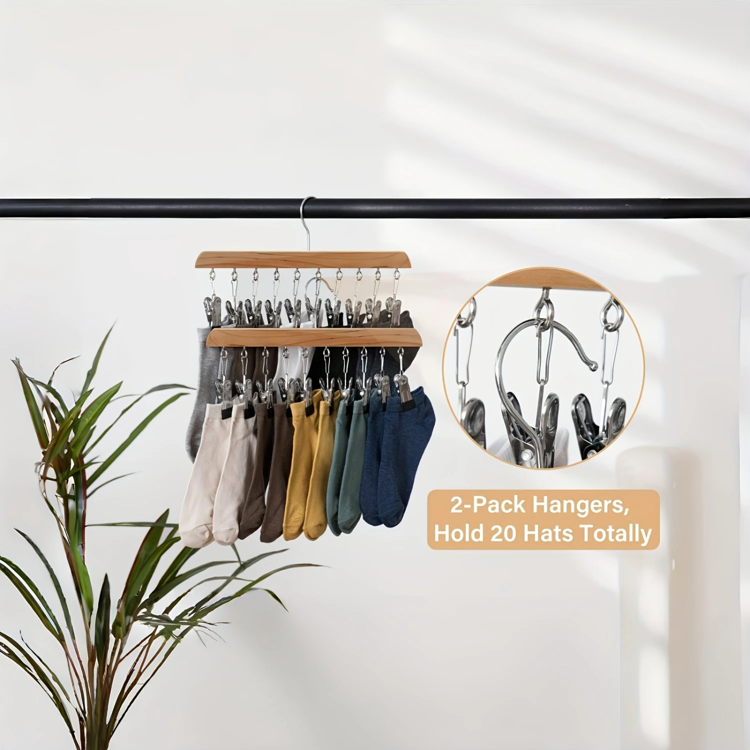 2-Piece Wooden Hat Hanger With 10 Clips - Versatile Drying Rack For Underwear, Ties, Scarves & Belts - Space-Saving Organizer Fo