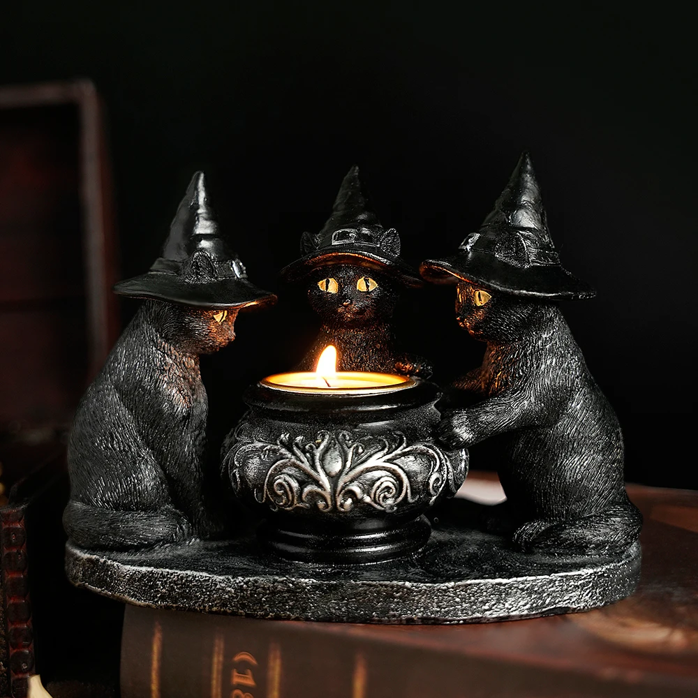 1 PC Halloween Decoration Witch Cat Candle Holder Resin Decoration Resin Crafts Holiday Decoration Home Decoration