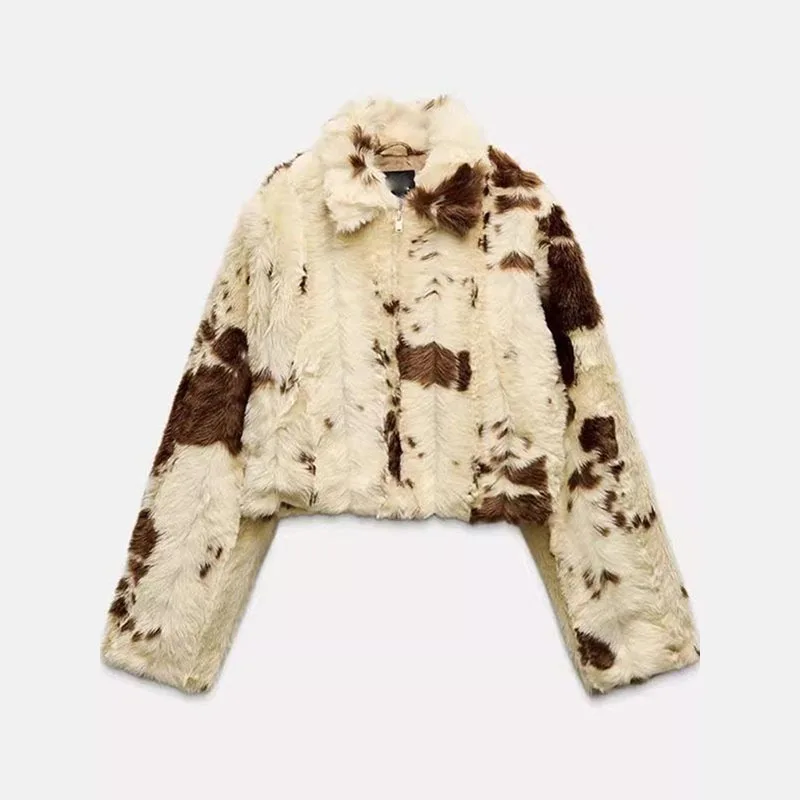 Beige revers nepbont jas met rits streep patchwork kort nep konijn harige jas pluizige pluche jas warme dikke overjas met ritssluiting