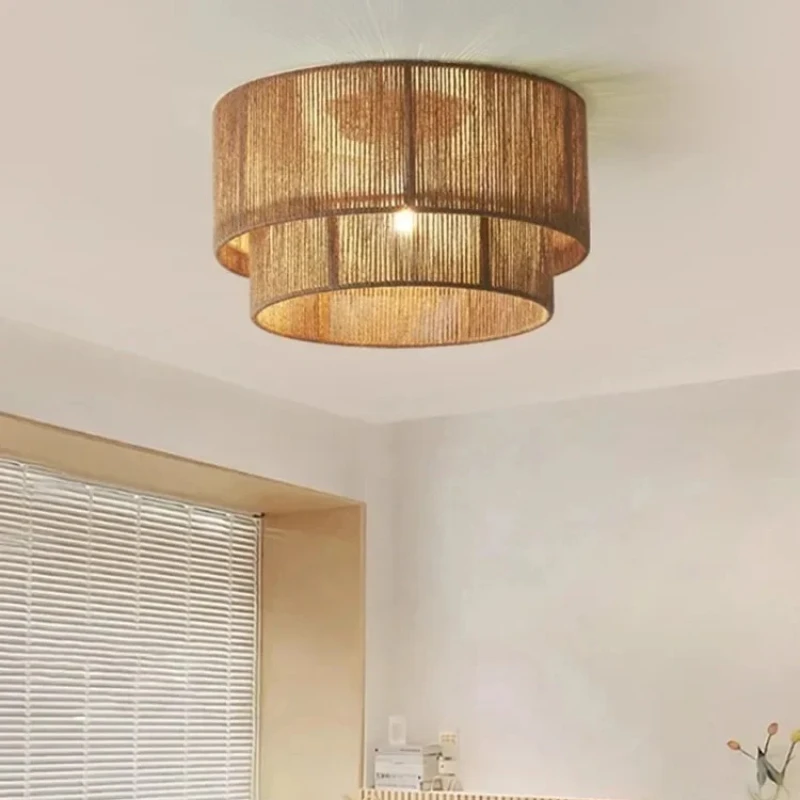 Japanese Hemp Rope Round Ceiling Lights Modern E27 Led Pendant Lights Dining Room Retro Restaurant Light Fixtures Led Lamp