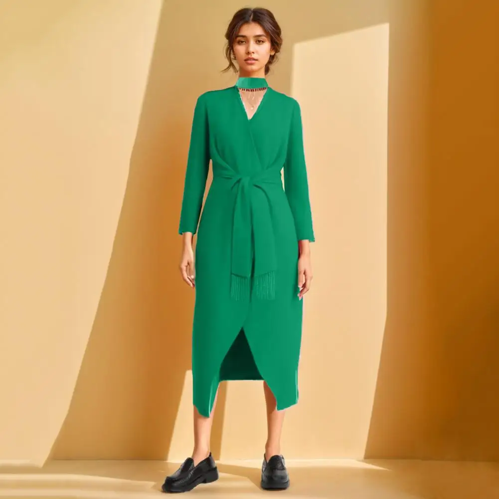 

Women Business Dress Elegant Women's Office Midi Dress with Three Quarter Sleeves Belted Waist Split Hem for Business