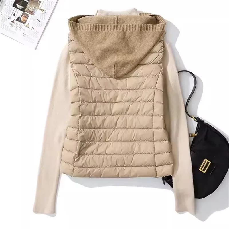 

Зимний женский вязаный жилет с капюшоном и пэчворком, легкий тонкий пуховик из белого утиного пуха, короткий теплый жилет без рукавов для женщин