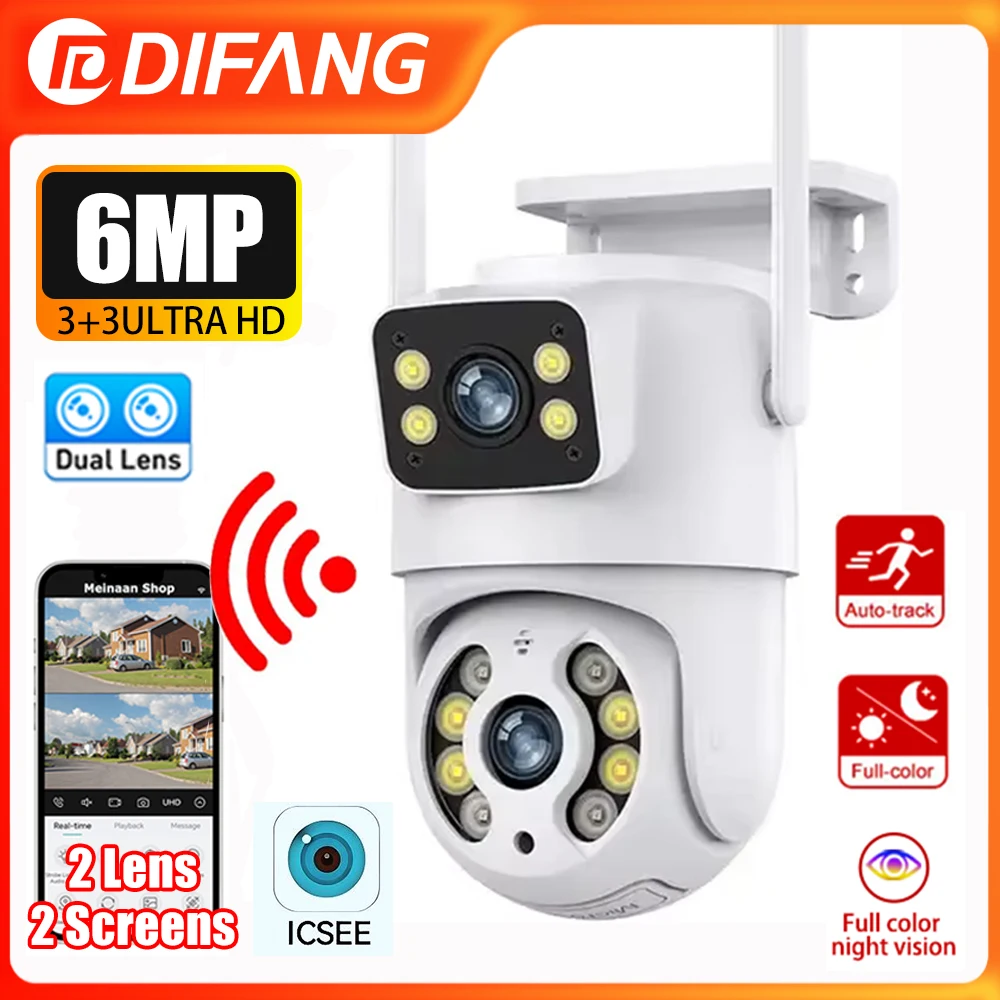 

6MP Dual Lens WiFi Surveillance Camera Outdoor Dual Screens PTZ 355° Rotating iP Cam AutoTracking Full Color Night Vision CCTV