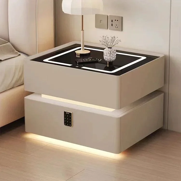 Smart bedside table for home use with LED light all solid wood bedside table