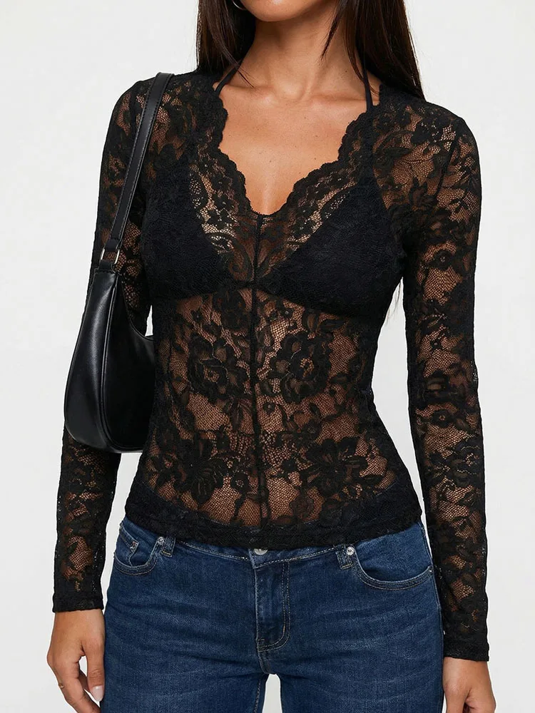 

MCDV Mesh Sexy Lace See Through T-shirt Women V Neck Long Sleeve Slim Transparent Shirt Tops Hottie Nightclub Party Clothes 2026