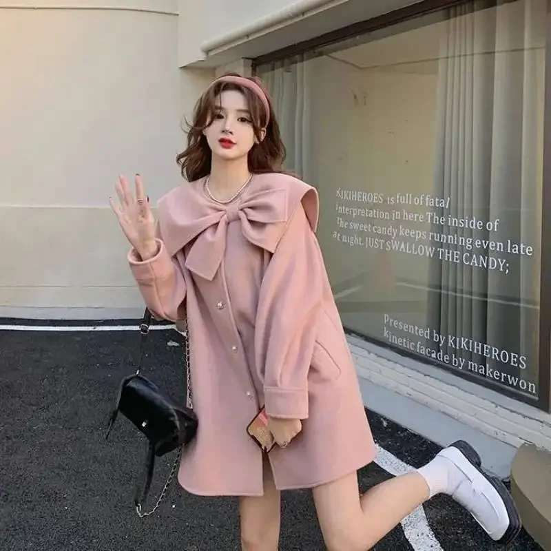 Woolen Jacket for Women Autumn and Winter 2024 New Sweet Bow Tie Cute Long Sleeves and Thickened Woolen Coat