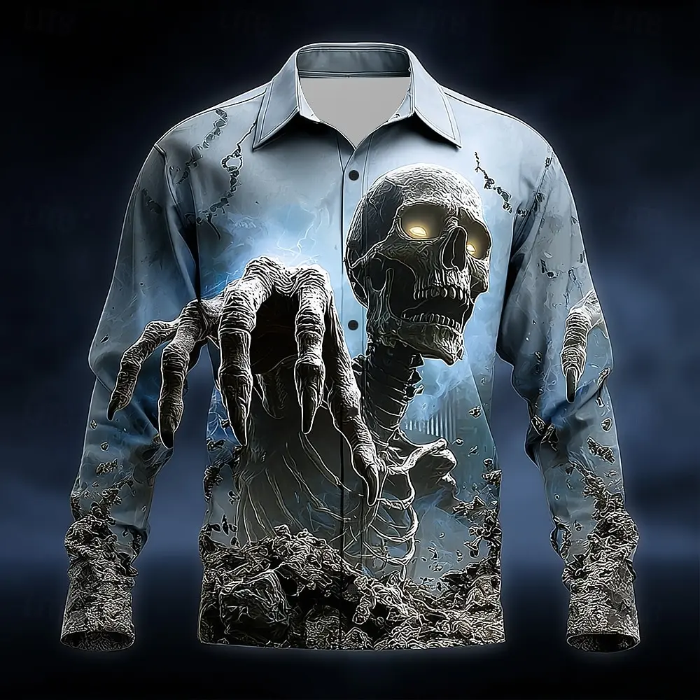 Halloween Men's Skull Grim Reaper Lightning Shirt  3D Printed Shirt Button Up Shirt Casual Long Sleeve Shirt Party Graphic Shirt