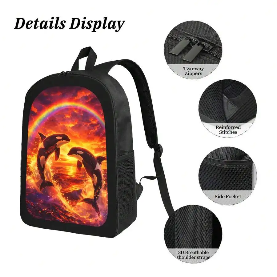 Orca Whale Rainbow Print Backpack Stylish Casual Lightweight Durable Daypack For Men Women