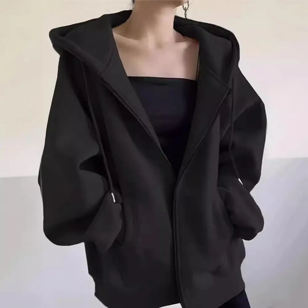 Autumn Spring Women Coat Hooded Drawstring Long Sleeves Pockets Zip-up Elastic Cuff Hem Loose Sport Hoodie Casual Jacket 여성 가을옷