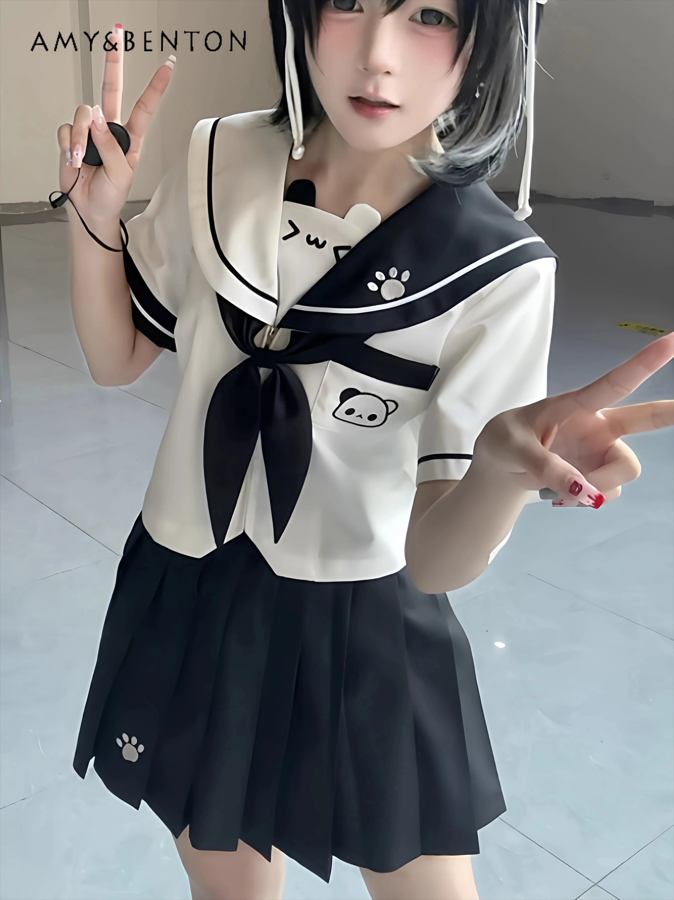 

Kawaii мультяшный принт JK комплекты униформы японский сладкий милый лоскутный темно-синий воротник рубашка с короткими рукавами плиссированная юбка комплект из двух предметов