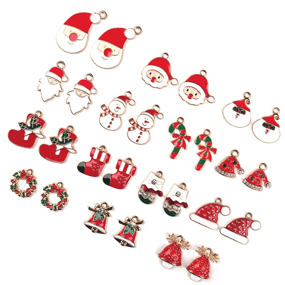 10pcs Christmas Enamel Charms Santa Snowman Wreath Gloves Socks Pendants Jewelry Making Handmade Craft Dropshipping