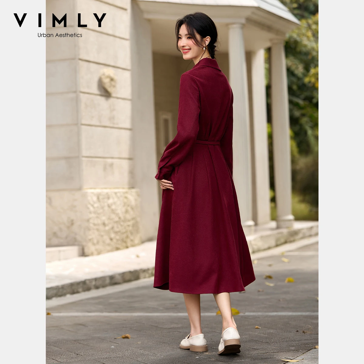 VIMLY Woman Red Long Dress French Style Turn-down Neck Sashes Dresses 2025 Autumn Vintage Button Straight Ladies Dress A2790