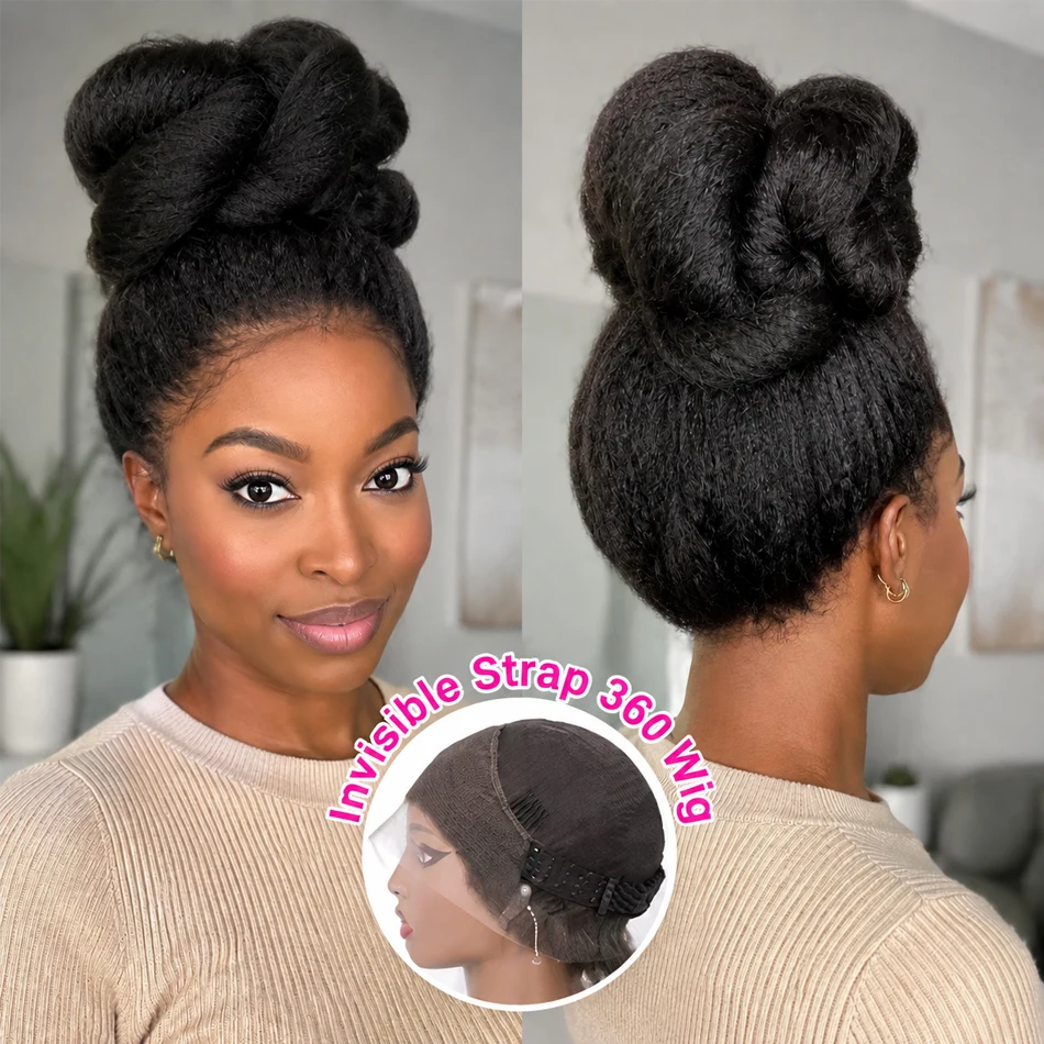 

360 Lace Front Wigs Human Hair Kinky Straight Wig Pre Plucked Wear & Go Glueless Invisi Strap 360 Full Lace Frontal Lace Wigs Vietnamese Hair No Glue Transparent Lace Closure Wigs 250% Density 26 Inch for Black Women