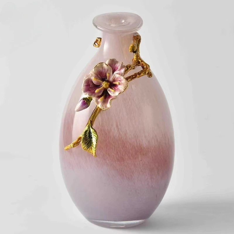 &c Exquisite Pink Glass Vase Decor Set Traditional Chinese Style Enamel Pink Floral Design Ornament for Luxury Home Decor