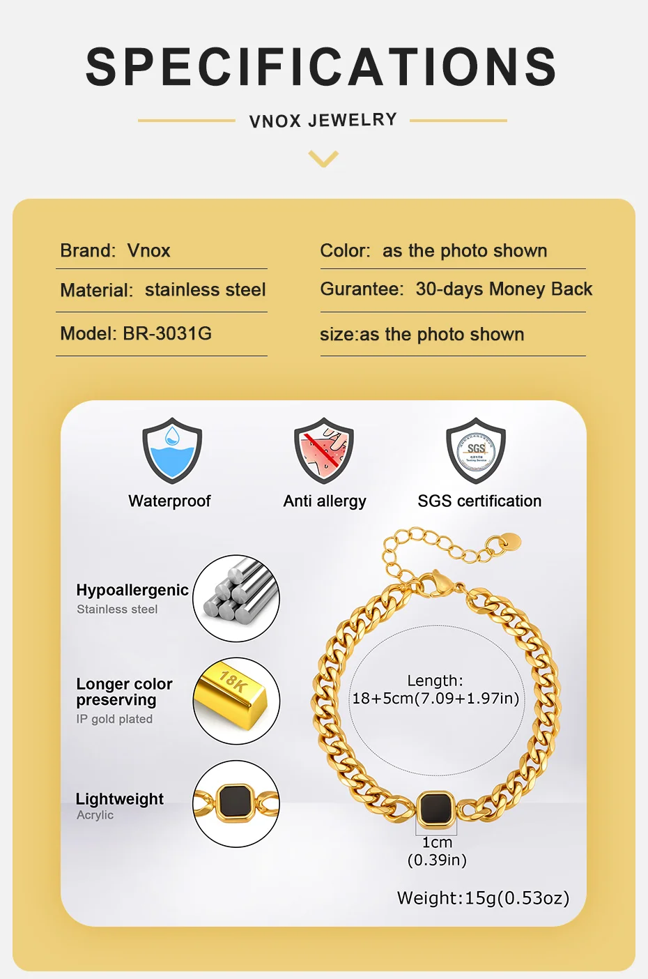 Vnox Herren-Armband mit quadratischem Anhänger, kubanische/Figaro-Kette, Edelstahl, gold- und silberfarben, verstellbar, Punk-Schmuck, Geschenke für Ihn – Detail 6