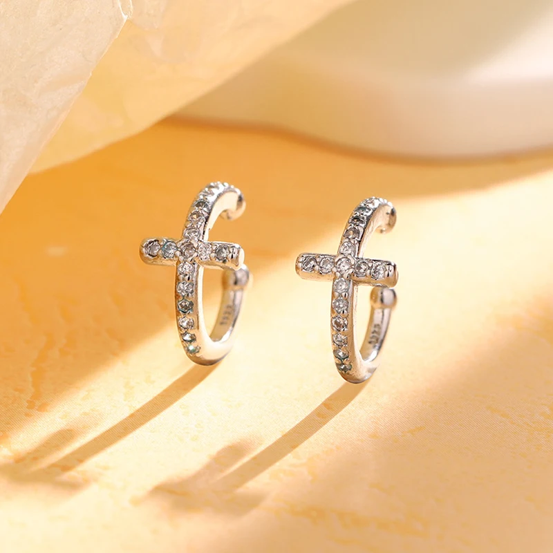 ENSHIR Silver Color Cross Zircon Earrings For Women Men Simple Ear clip No Ear Hole Daily Jewelry Student Gifts Wholesale