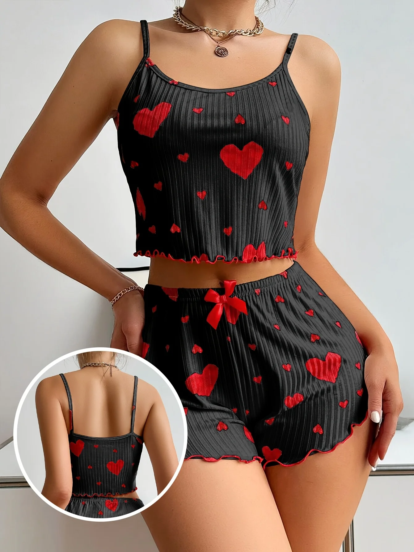 Women 2 Pieces Pajamas Set Homewear Heart Print Underwear Pijamas Sexy Lingerie Camisoles Shorts Sets Nighty Sleepwear