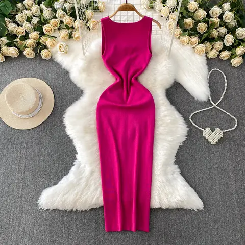 세련된 탄성 니트 민소매 슬림 크리스 크로스 bodycon 우아한 한국 패션 vestidos 여름 슬림 랩 연필 드레스