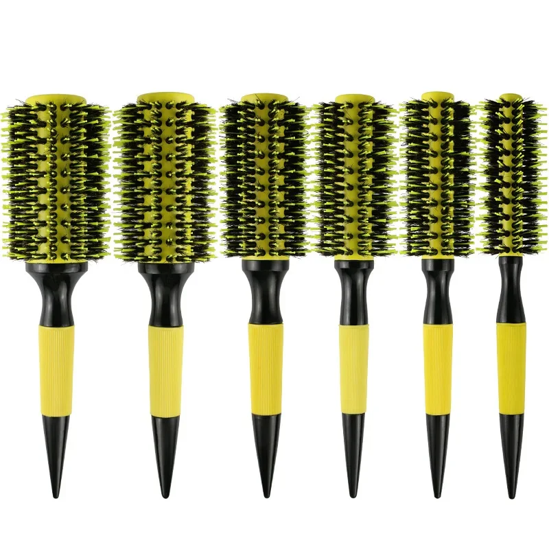 Professional  Round Wooden Hair Brush 6 Sizes Boar Bristle Mix Nylon Salon Women Hair Styling Tools Yellow Brazil Hair Curlerl