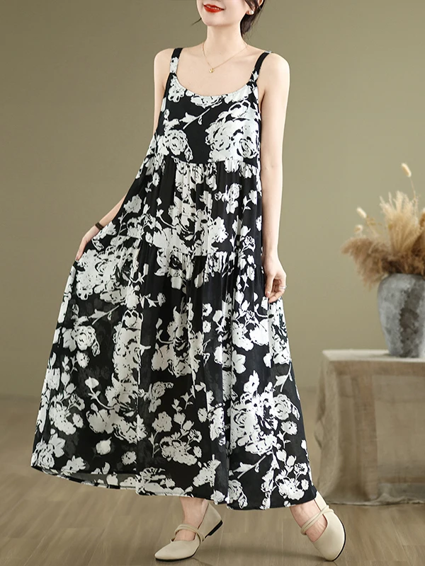 

Summer plus Size Women's Floral Print Cotton Lin Loose Long Dress Strapless Vintage Style Casual High Waist A-Line Skirt