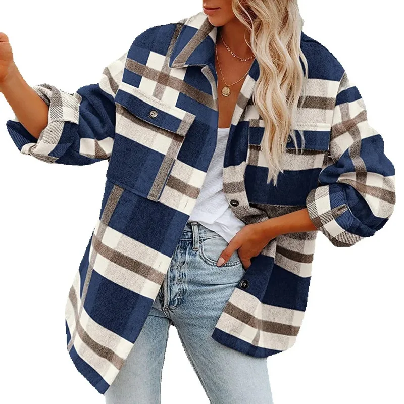 JY Autumn and Winter Thick Coat New Fashionable Checkered Commuter cardigan Coat Button Flannel Loose Shirt Coat