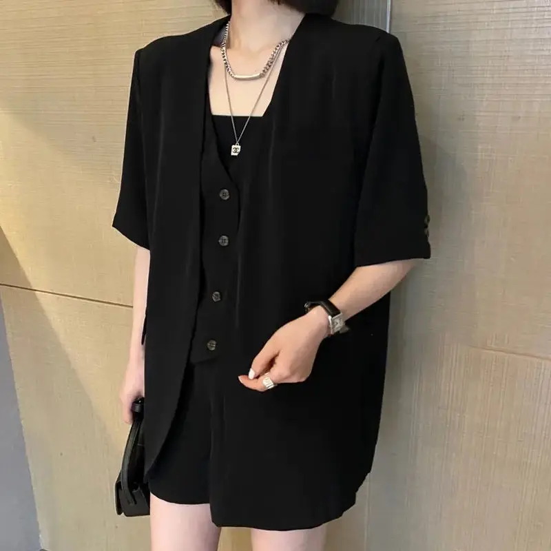 Women\'s 2024 Summer New Fashion Fake Two Piece Short-sleeved Blazers Jacket+High Waist Shorts Matching Set Korean Elegant Suit