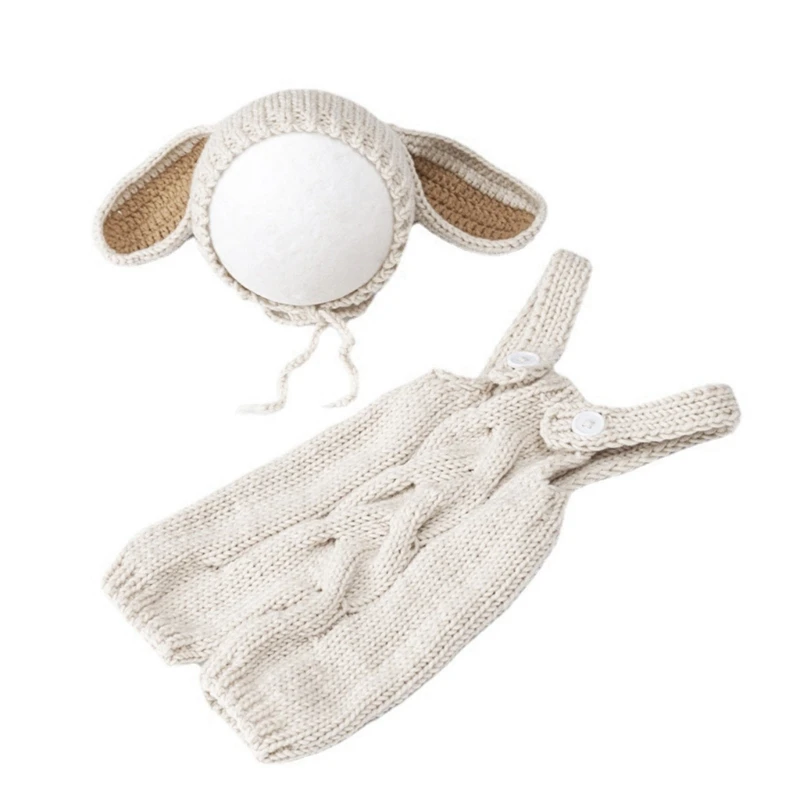 Photography Props for Baby Boys Girls Unisex Romper Hat Photo Props Newborn Knitted Rabbit Costume Photo Hat Coveralls