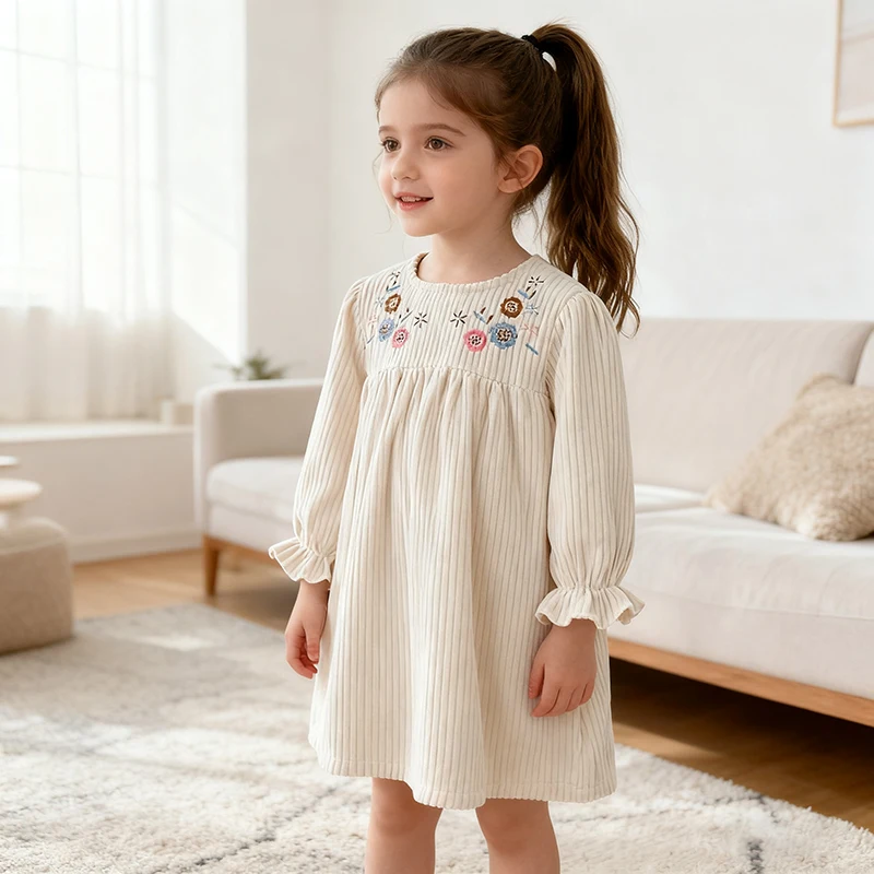 Herbst 2-6Y Stickerei Mädchen Kleid Casual Kleider Mädchen Frühling Vintage Floral Kleinkind Prinzessin Party Cord Kleid Kinder Kleid