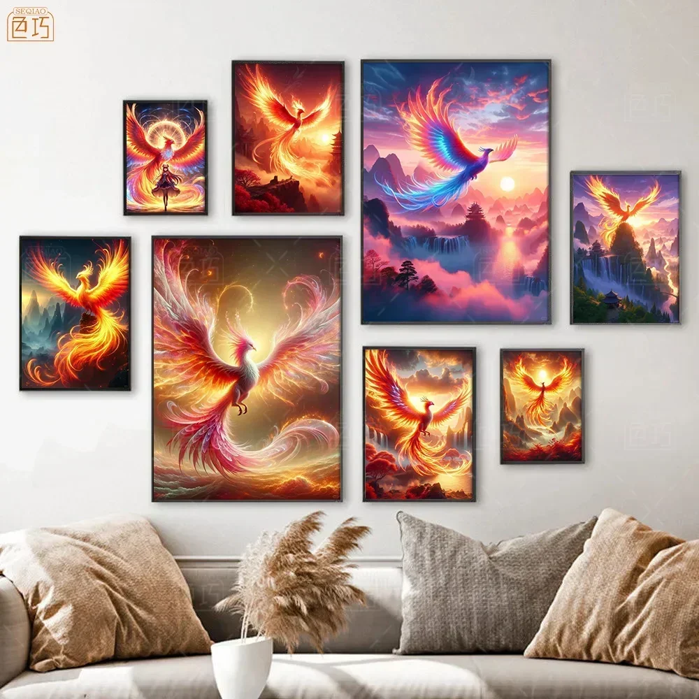 Chinese Style Wall Art Ancient Mythology Bird King Flaming Bird Fire Phoenix Canvas Print Poster Home Living Room Bedroom