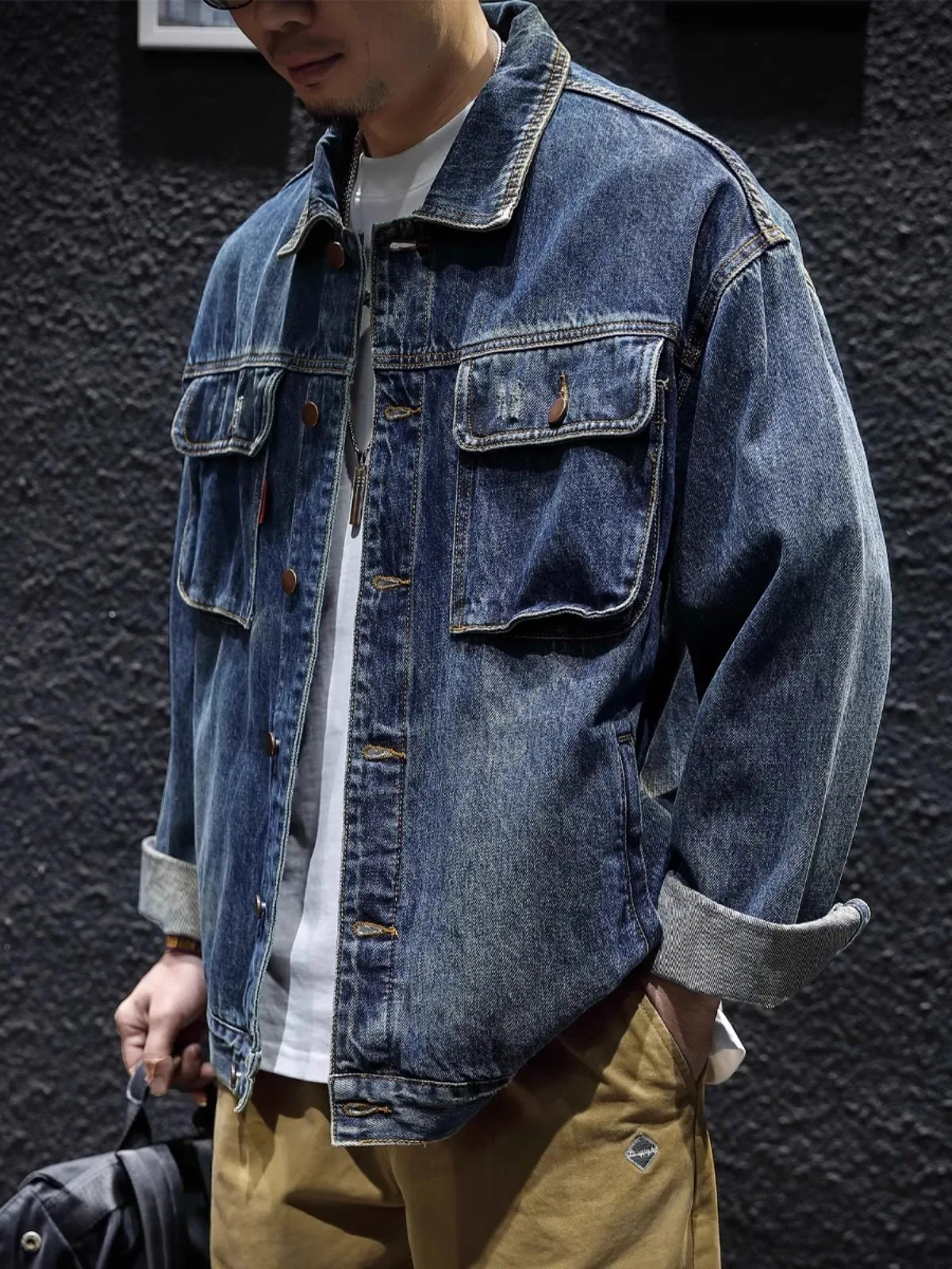 

Свободный крой, американская рабочая одежда в стиле ретро, джинсовый тюнер, мужской весенне-осенний модный брендовый топ, мужской модный брендовый топ с отложным воротником