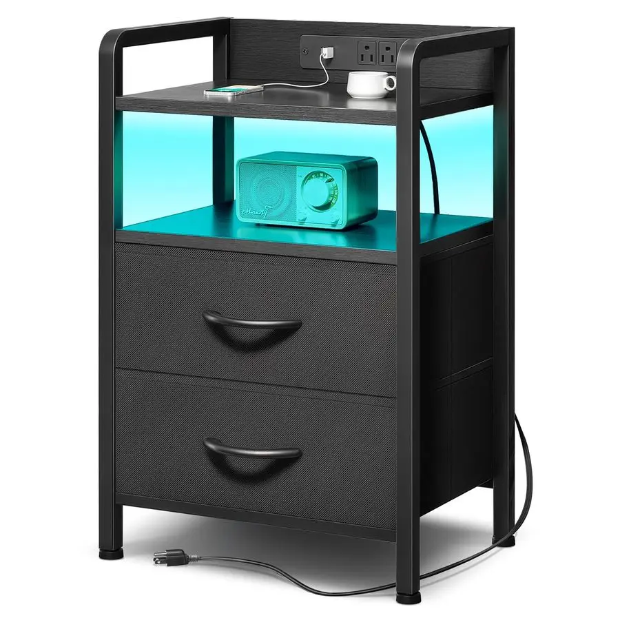 

Stand Bedside Charger Bedroom Nightstand with Charging Station amp LED Light Strip, Night Stand with Storage Shelf amp 2 Fabric