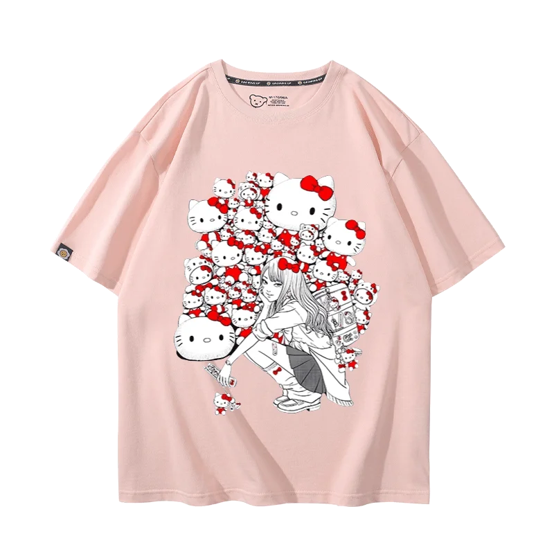 Cartoon Hello Kitty Tomie Kawakami T Shirt 100% Cotton Printed Sanrio Tomie Junji Ito T-shirt for Women Men Loose Oversized Tees