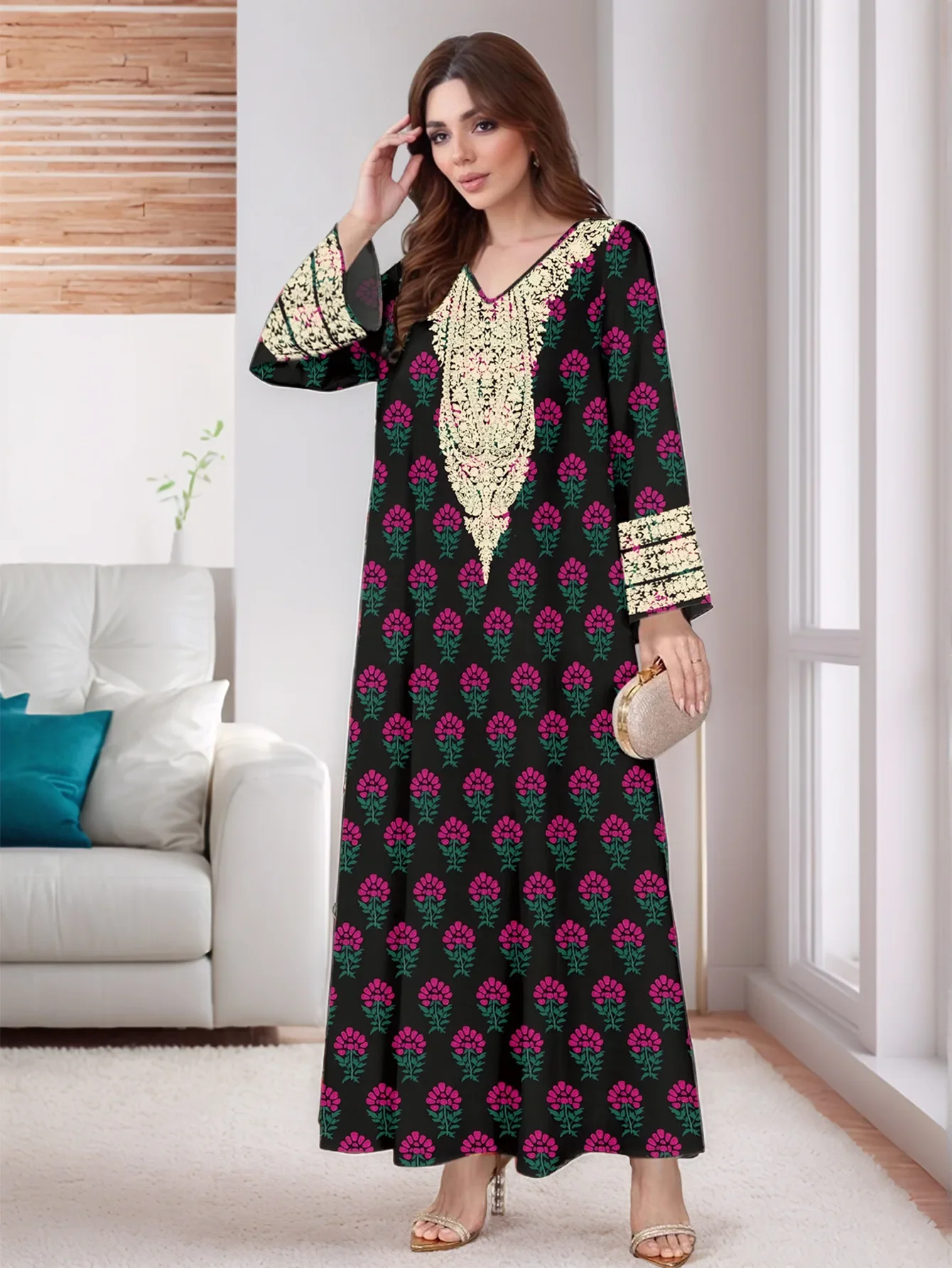 Eid vestido de festa para mulheres muçulmano abaya manga longa jalabiya impressão flor ramadan vestidos longos vestidos largos árabe longo robe