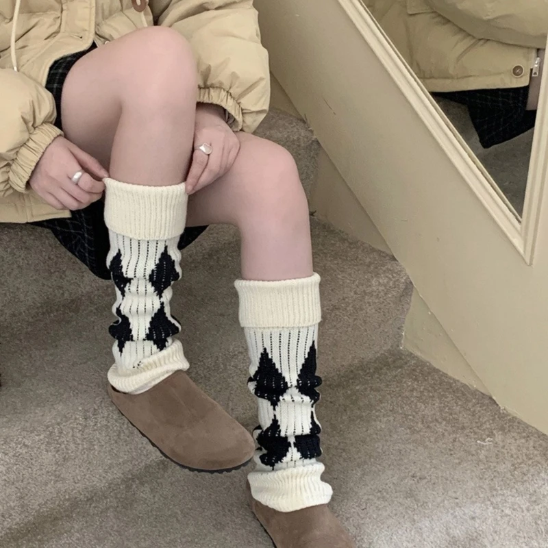 

Женские шерстяные длинные гетры с узором Argyle, эластичные манжеты с поворотом, вязаные чехлы для ног, носки без ног для X4YC