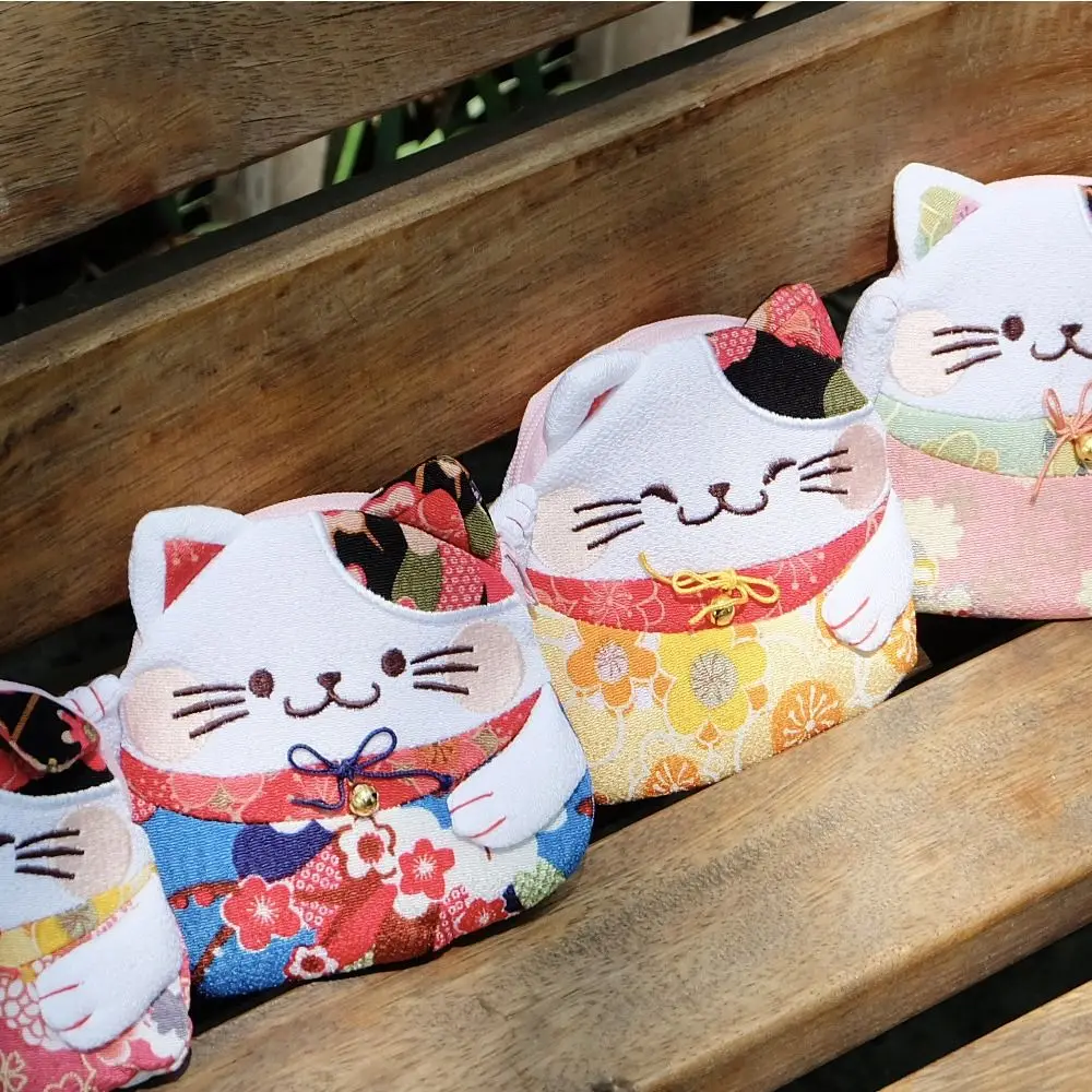 Simple Japanese Style Maneki Neko Coin Purse Zipper Wallets Lucky Cat Clutch Bag PU Flower Printing Card Holder Men