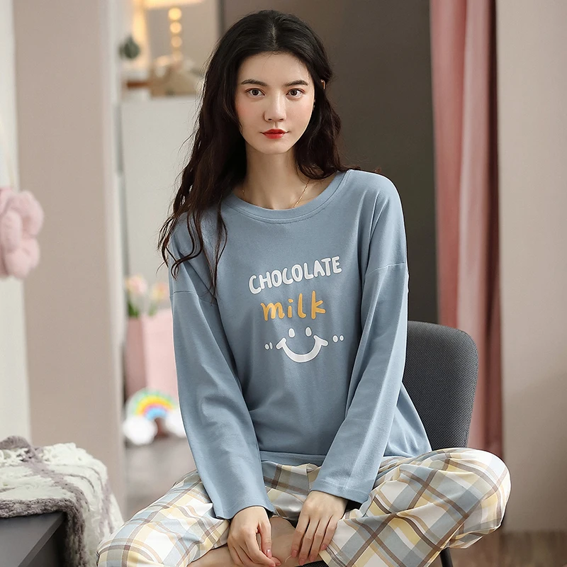 Pure cotton pajamas for women in spring autumn Pure cotton long sleeved home clothing with long sleeves and checkered pants