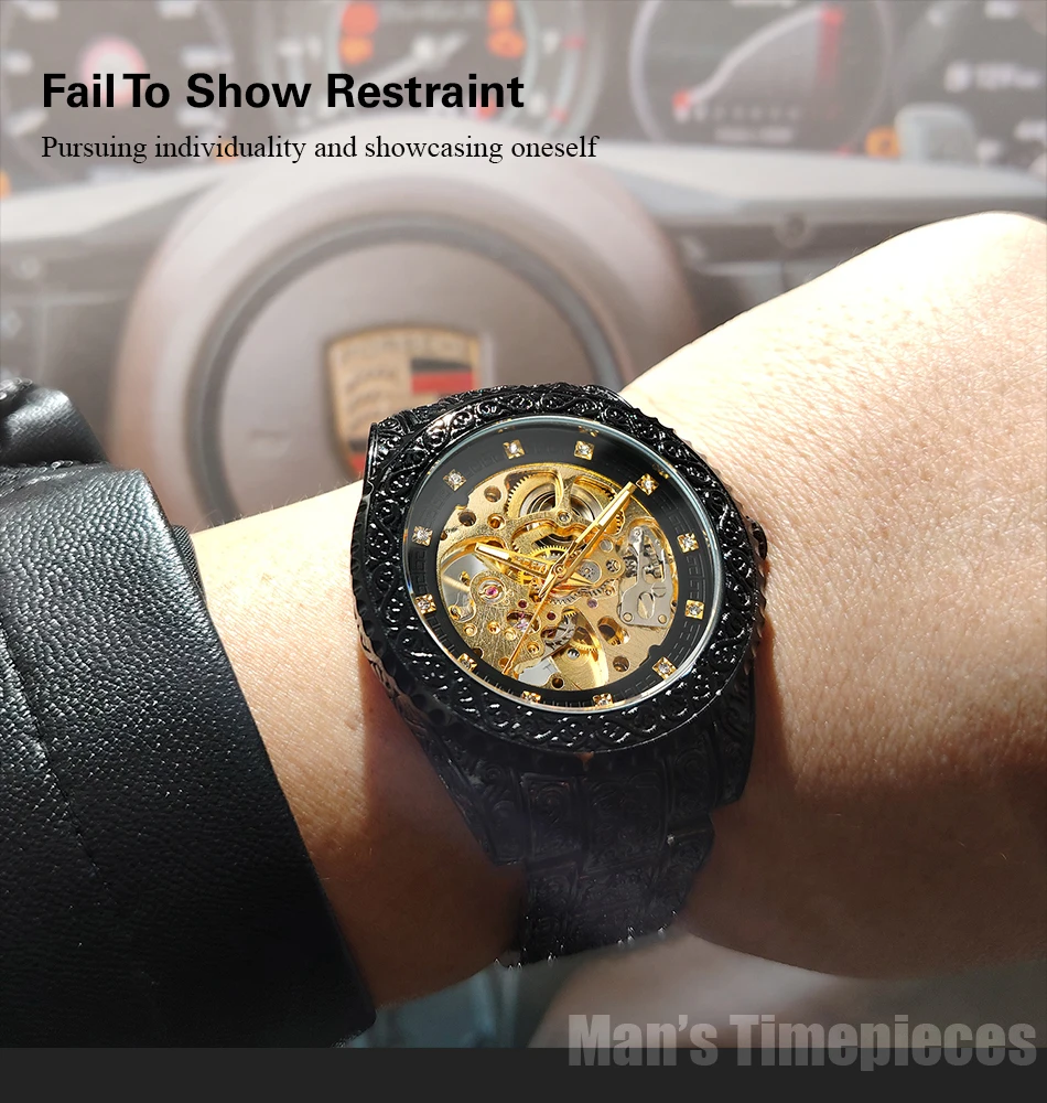 FORSINING ファッションレトロメンズスケルトン自動機械式時計ラインストーンクールブラックステンレス鋼ヴィンテージ彫刻時計