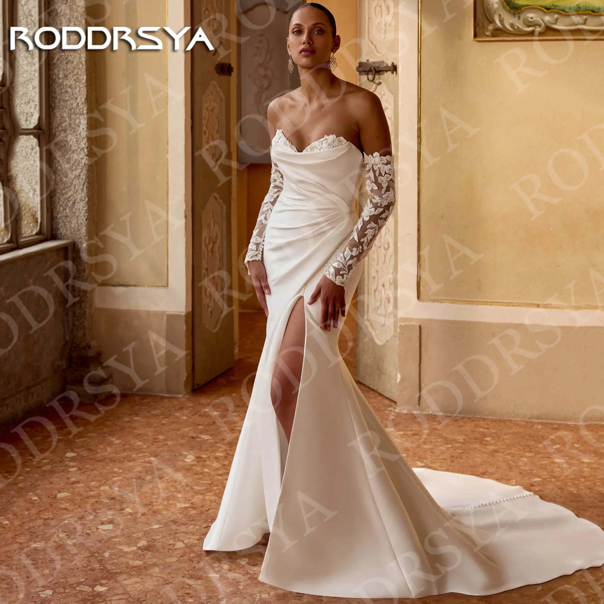 RODDRSYA personnalisé élégant sirène robes de mariée Sexy chérie dentelle manches longues Satin robe de mariée haute fente femme 2026 Personnalisé élégant sirène robes de mariage sexy chérie dentelle manches longues sa