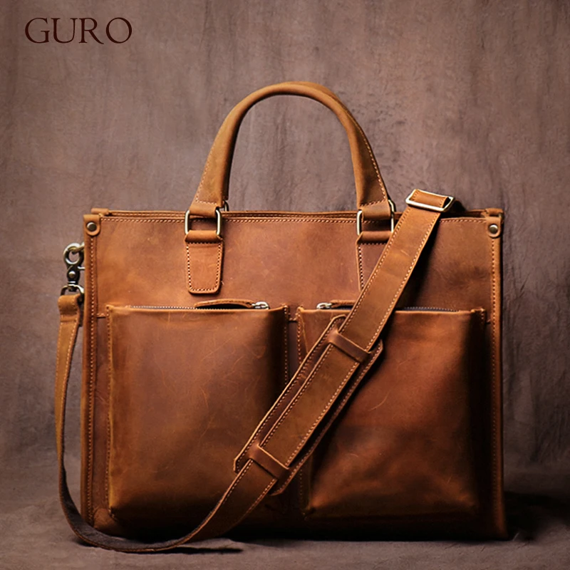 GURO Higher Quality Executive Briefcase Men's Genuine Leather Handbag Luxury Briefcase 14″ Laptop Crossbody Vintage Shoulder Bag