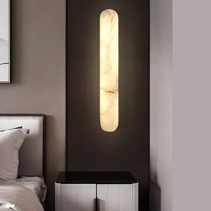 2026 Applique murale moderne de luxe en marbre naturel LED longues appliques en pierre ovale pour salon chevet escalier allée luminaire