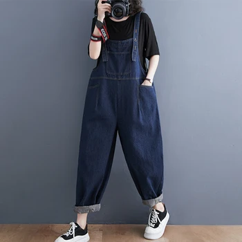 Women Loose Oversized Mom Jeans Overalls Casual Streetwear Wide Leg Denim Jumpsuit Vintage Strap Dungarees Baggy Cargo Pants