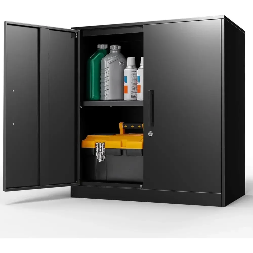 Black Steel Locking Storage Cabinet with 2 Doors and Adjustable Shelves for Tools, Office, Home, or Garage