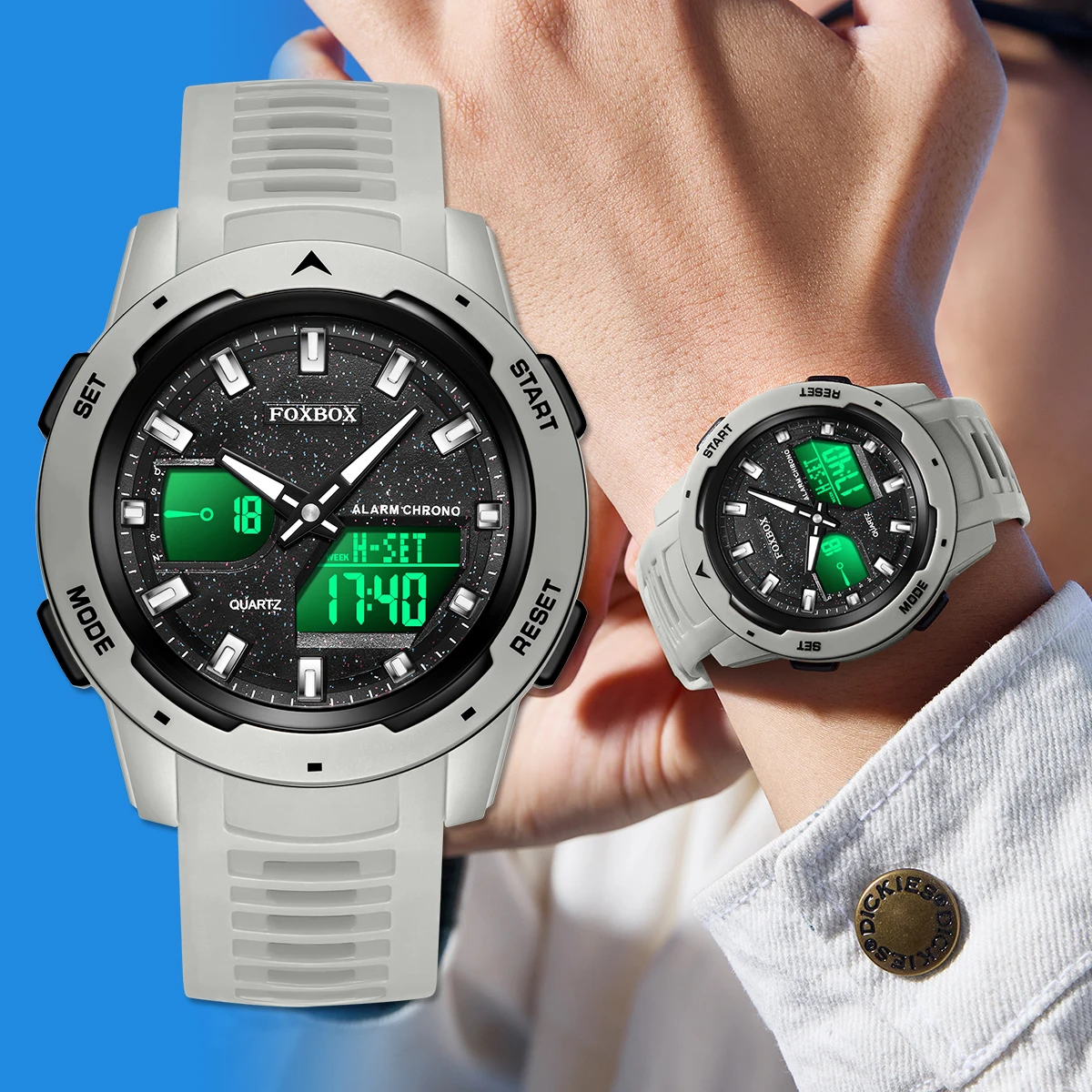 FOXBOX TOP mens wristwatch LED luminous military watches for men sports mens watch alarm clock dual display quartz Men's Gift