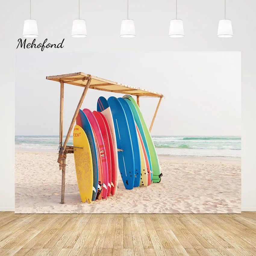 Mehofond Summer Seaside Beach Photography Backdrop Surfboard For Rent Luau Themed Holiday Party Portrait Background Decor Photo