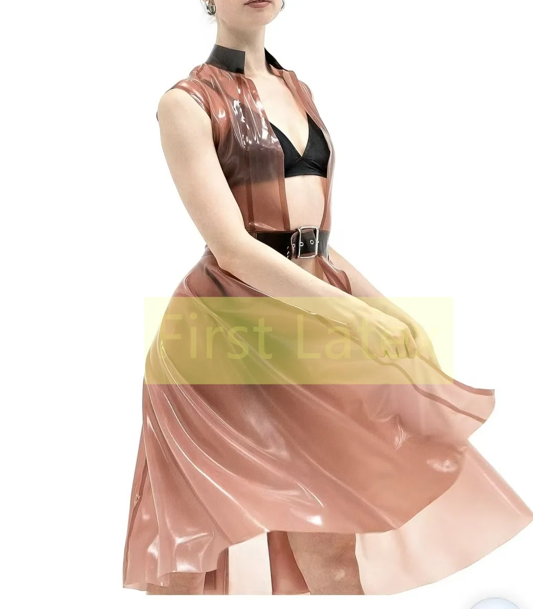 

Handmade Latex Woman Dress Fetish Latex Cloak Dress with Black Decoration Fetish Rubber Sleeveless Lady's Cape Coat Club Wear